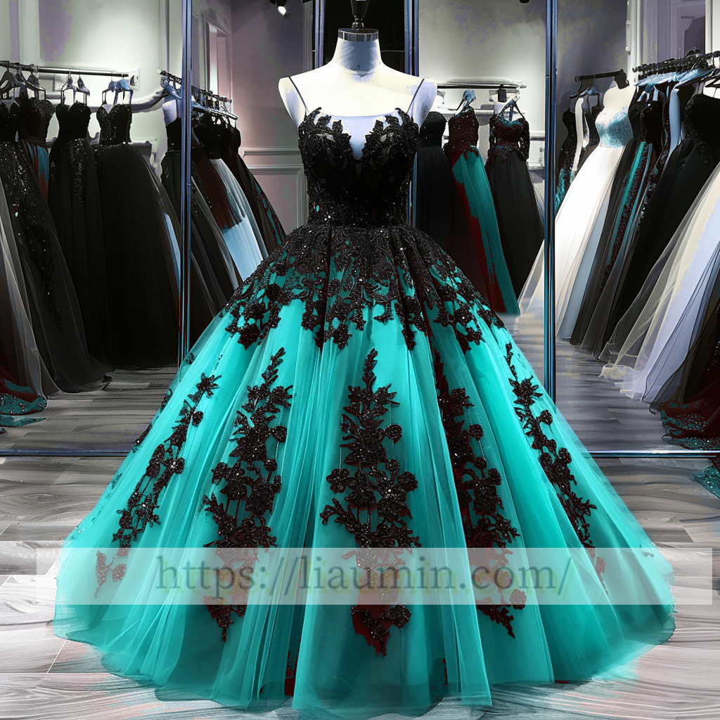Black Lace Applique Strapless Full Length Ball Gown Evening Party Prom Princess Dress  W13-10