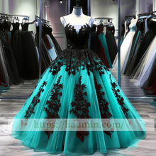 Load image into Gallery viewer, Black Lace Applique Strapless Full Length Ball Gown Evening Party Prom Princess Dress  W13-10
