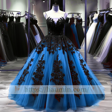 Load image into Gallery viewer, Black Lace Applique Strapless Full Length Ball Gown Evening Party Prom Princess Dress  W13-10
