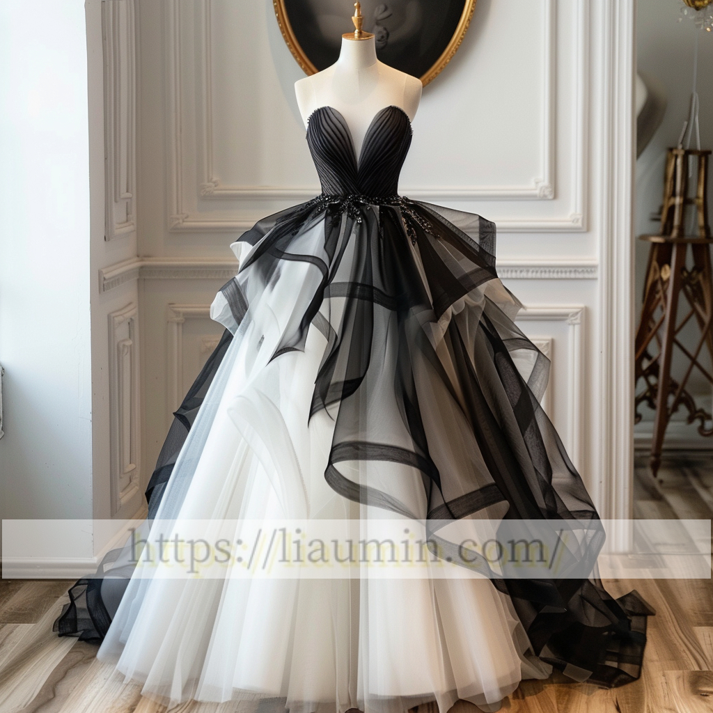 White And Black Tulle Full Length Evening Prom Lace Up Back Formal Princess Dress Hand Made W15-10.3