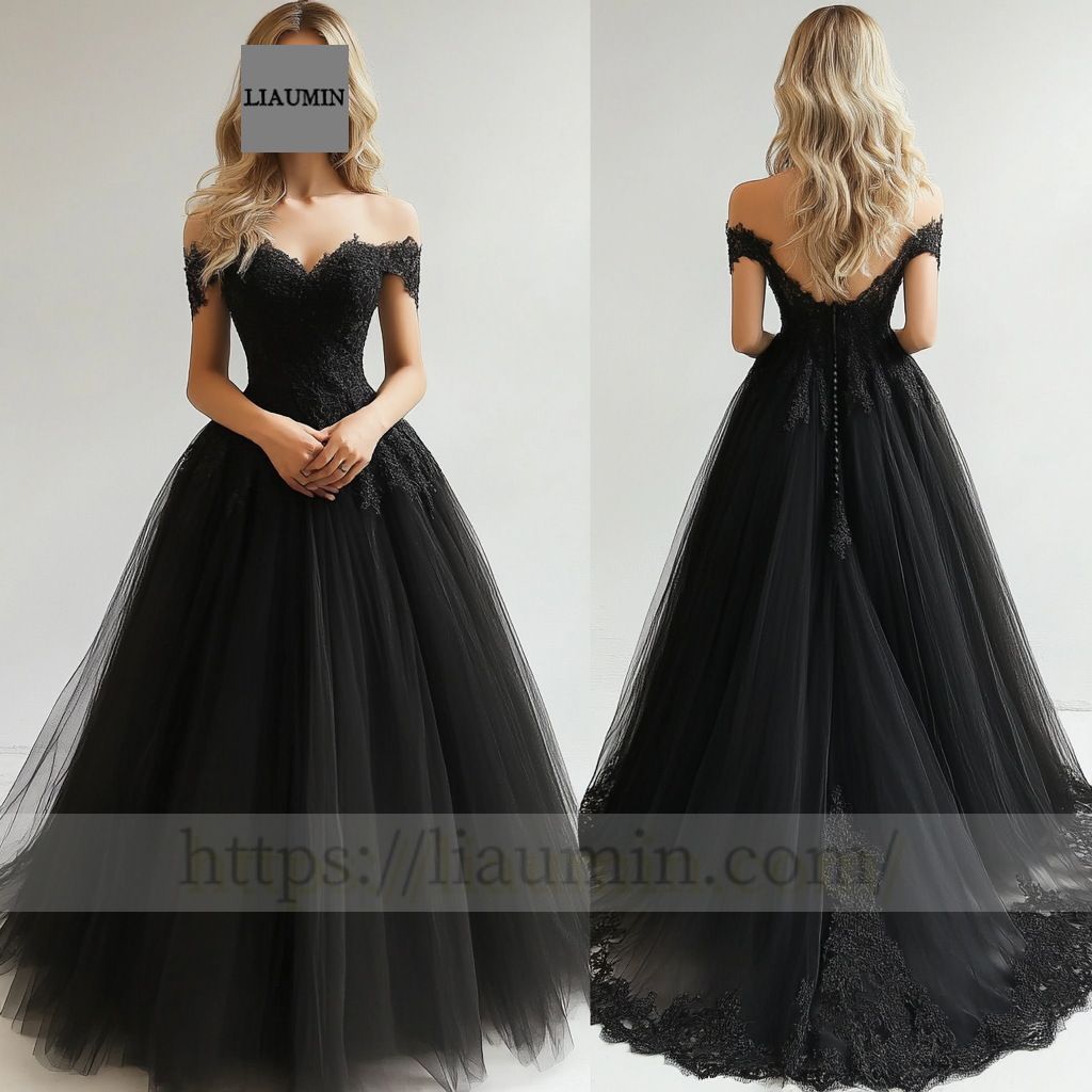 Custom Black Tulle With Lace Applique Wedding Evening Prom Formal Princess Dress C-10.3