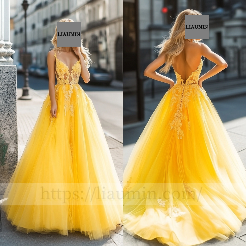 Custom Yellow Tulle With Lace Applique Wedding Evening Prom Formal Princess Dress C-10.5