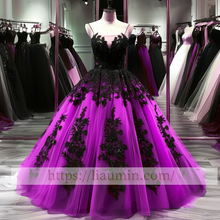Load image into Gallery viewer, Black Lace Applique Strapless Full Length Ball Gown Evening Party Prom Princess Dress  W13-10
