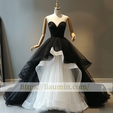 Load image into Gallery viewer, Custom White And Black Tulle Full Length Evening Prom Lace Up Back Formal Princess Dress Hand Made W15-10.6
