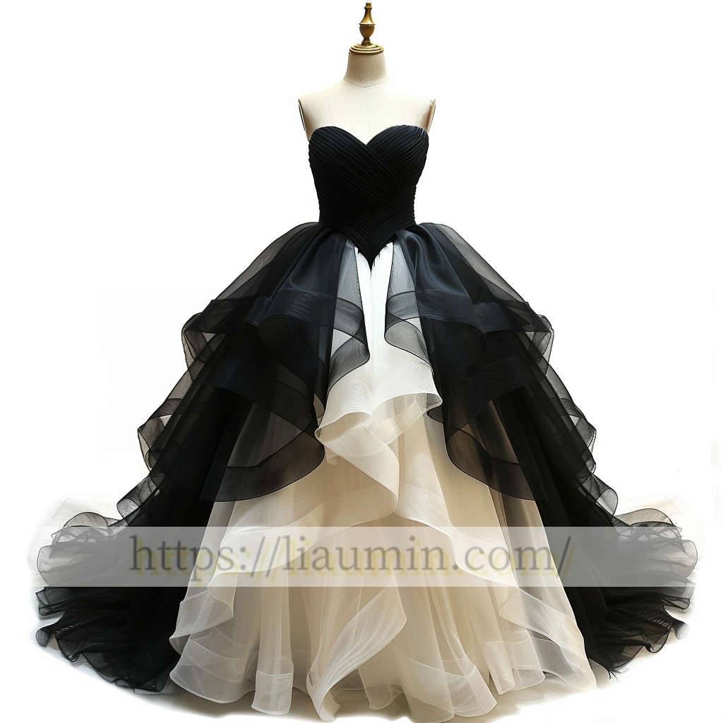 Ivory and Black Tulle Full Length Evening Prom Lace Up Back Formal Princess Dress Hand Made W15-10.7