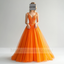 Load image into Gallery viewer, Custom Orange Tulle With Lace Applique Wedding Evening Prom Formal Princess Dress C-10.7
