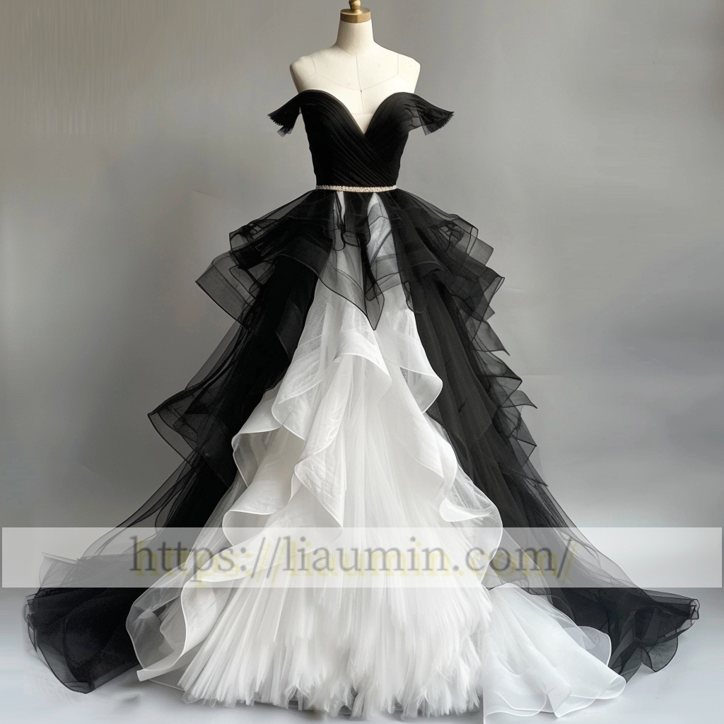 New White and Black Tulle Full Length Evening Prom Lace Up Back Formal Princess Dress Hand Made W15-10.8