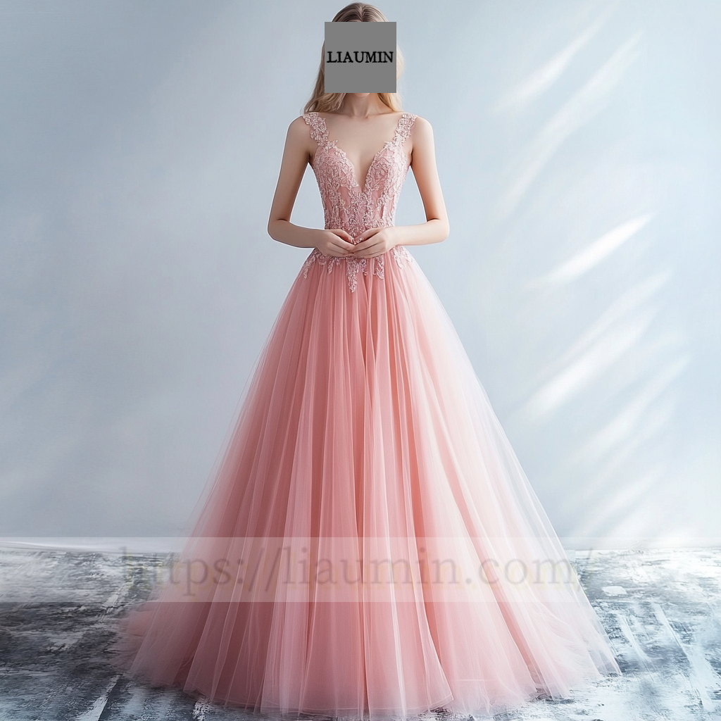 Custom Pink Tulle With Lace Applique Wedding Evening Prom Formal Princess Dress C-10.8