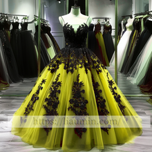 Load image into Gallery viewer, Black Lace Applique Strapless Full Length Ball Gown Evening Party Prom Princess Dress  W13-10
