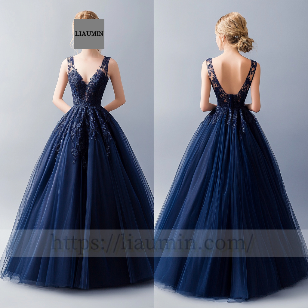 Custom Navy Blue Tulle With Lace Applique Wedding Evening Prom Formal Princess Dress C-10.9