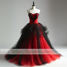 Load image into Gallery viewer, Red and Black Tulle Strapless Evening Prom Lace Up Back Formal Princess Dress Custom W15-11.11
