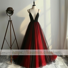 Load image into Gallery viewer, Red and Black Tulle V Neck Evening Prom Lace Up Back Formal Princess Dress Custom W15-11.12
