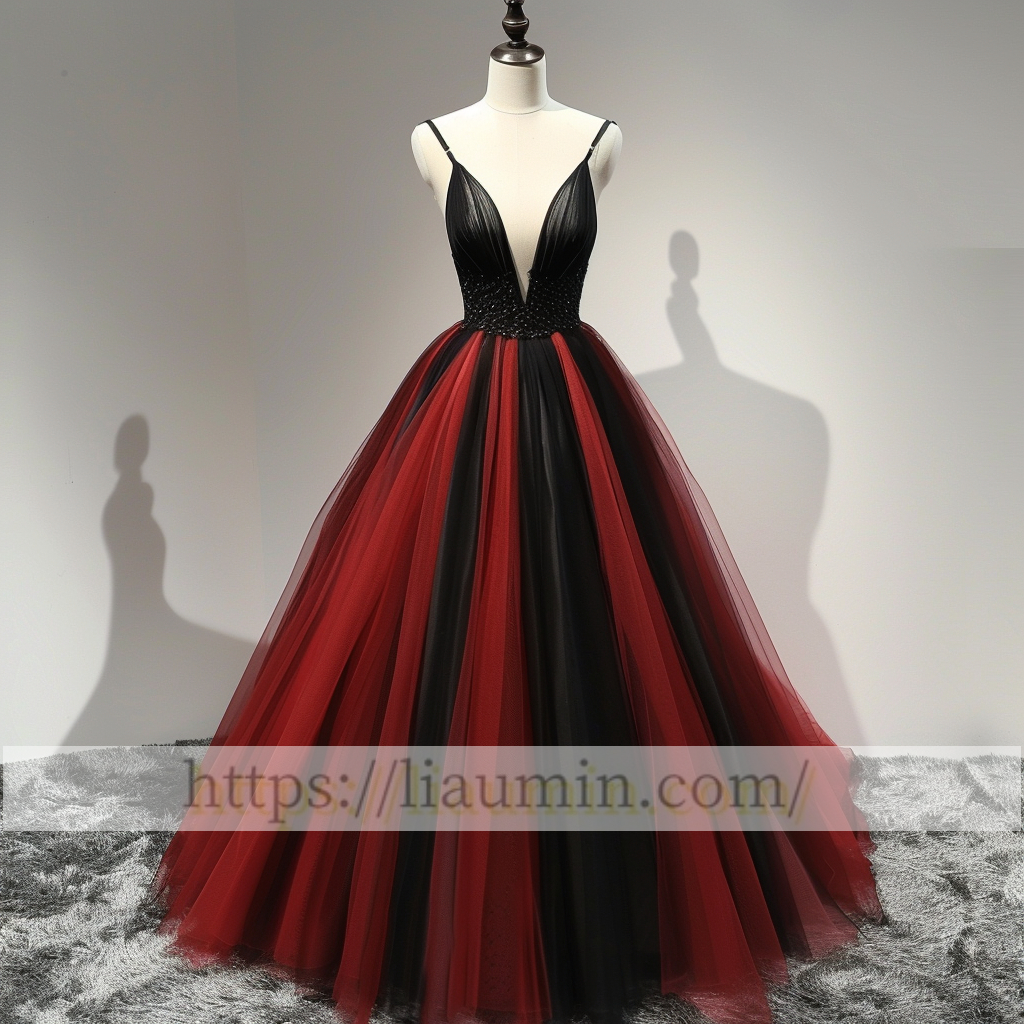 Red and Black Tulle V Neck Full Length Evening Prom Lace Up Back Formal Princess Dress Hand Made W15-11.1