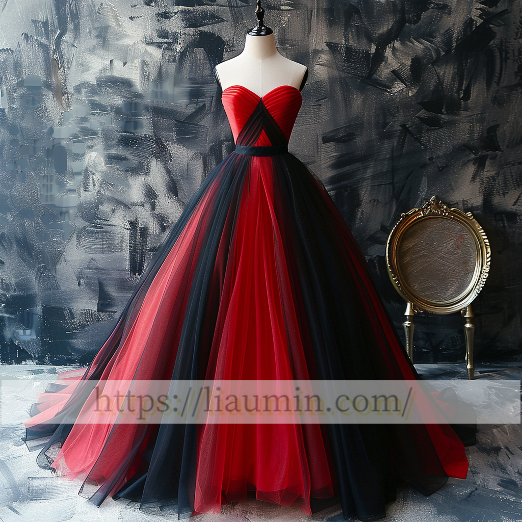 Red and Black Tulle Strapless Full Length Evening Prom Lace Up Back Formal Princess Dress Hand Made W15-11.2