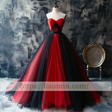 Load image into Gallery viewer, Red and Black Tulle Strapless Full Length Evening Prom Lace Up Back Formal Princess Dress Hand Made W15-11.2
