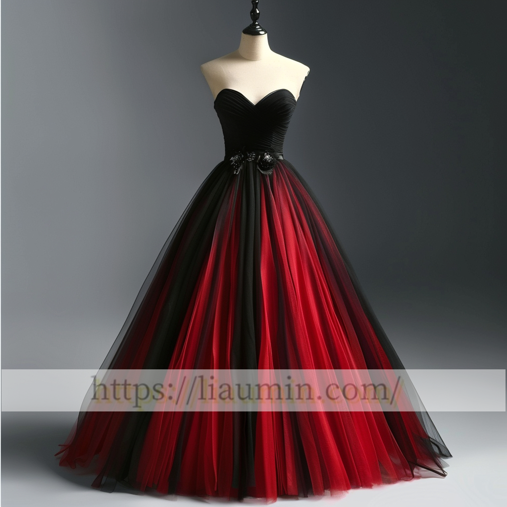 Red and Black Tulle Strapless Full Length Evening Prom Lace Up Back Formal Princess Dress  W15-11.3