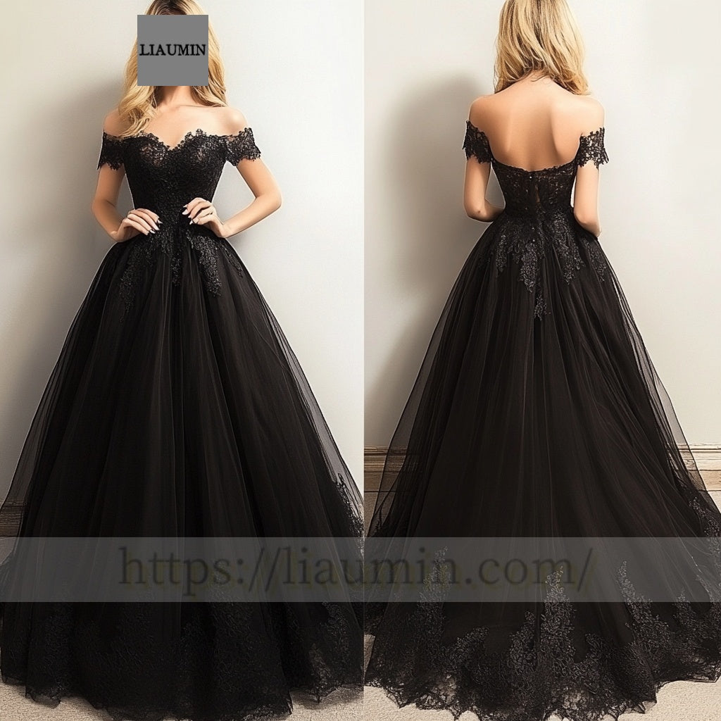 Custom Black Tulle With Lace Applique Wedding Evening Prom Formal Princess Dress C-11.3