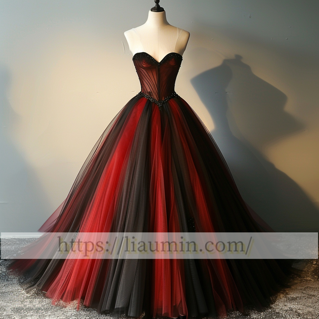 Red and Black Tulle Strapless Beading Full Length Evening Prom Lace Up Back Formal Princess Dress  W15-11.4