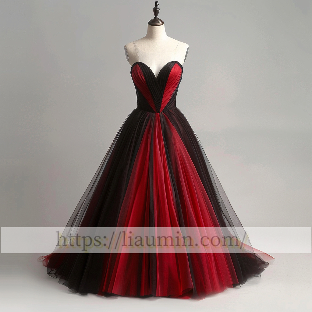 Red and Black Tulle Strapless Full Length Evening Prom Lace Up Back Formal Princess Dress  W15-11.5