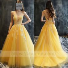 Load image into Gallery viewer, Custom Yellow Tulle With Lace Applique Wedding Evening Prom Formal Princess Dress C-11.5
