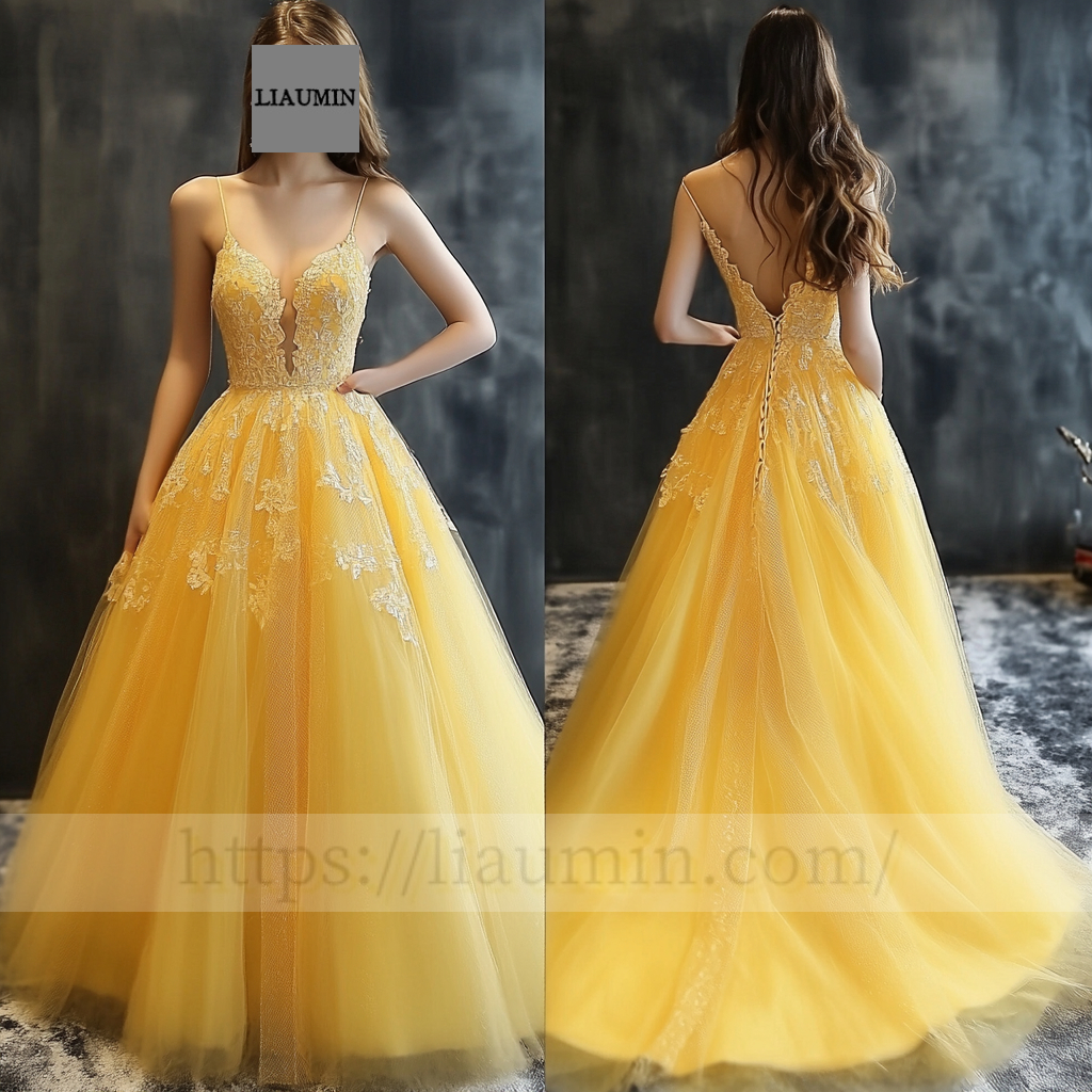 Custom Yellow Tulle With Lace Applique Wedding Evening Prom Formal Princess Dress C-11.5