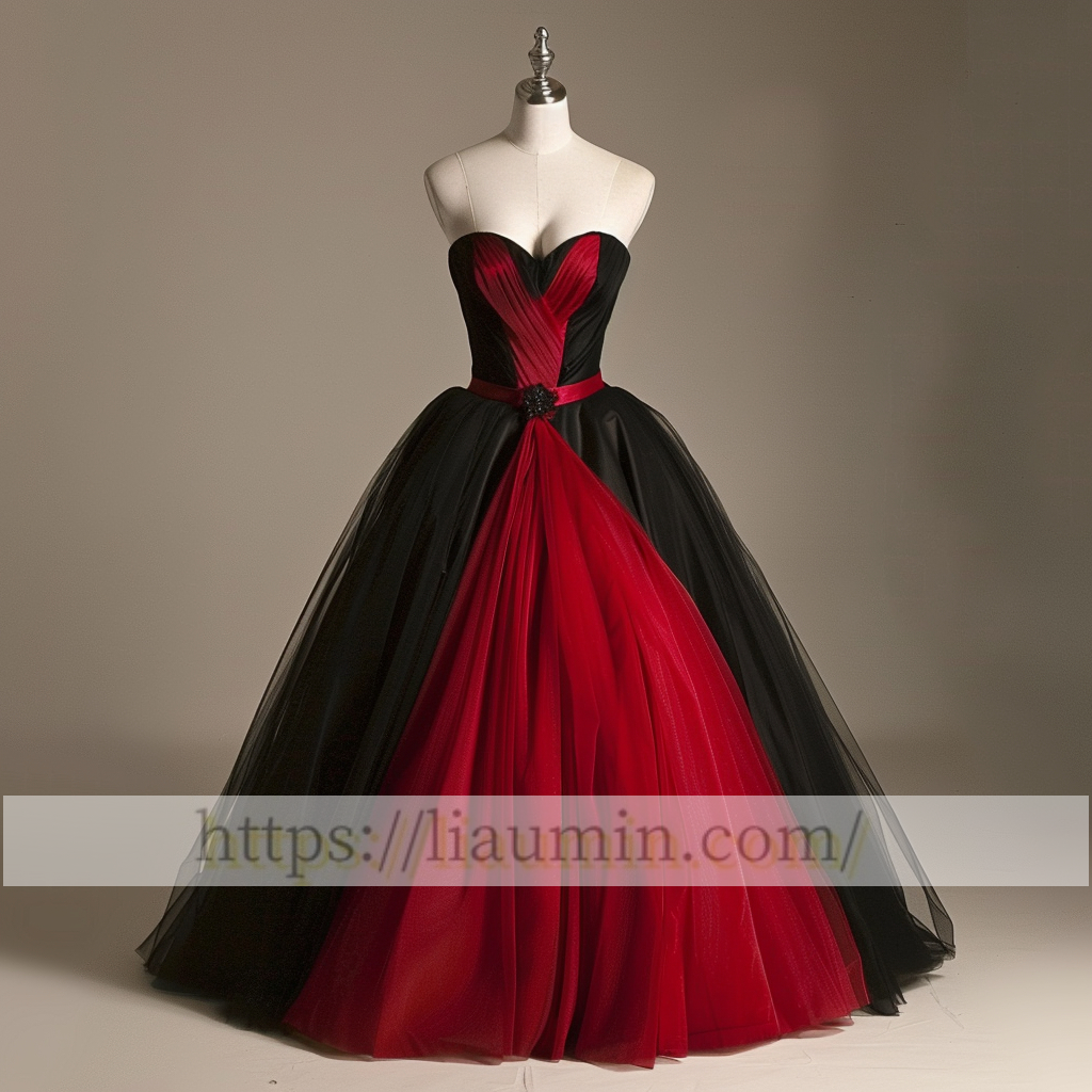 Red and Black Tulle Strapless Full Length Evening Prom Lace Up Back Formal Princess Dress  W15-11.6