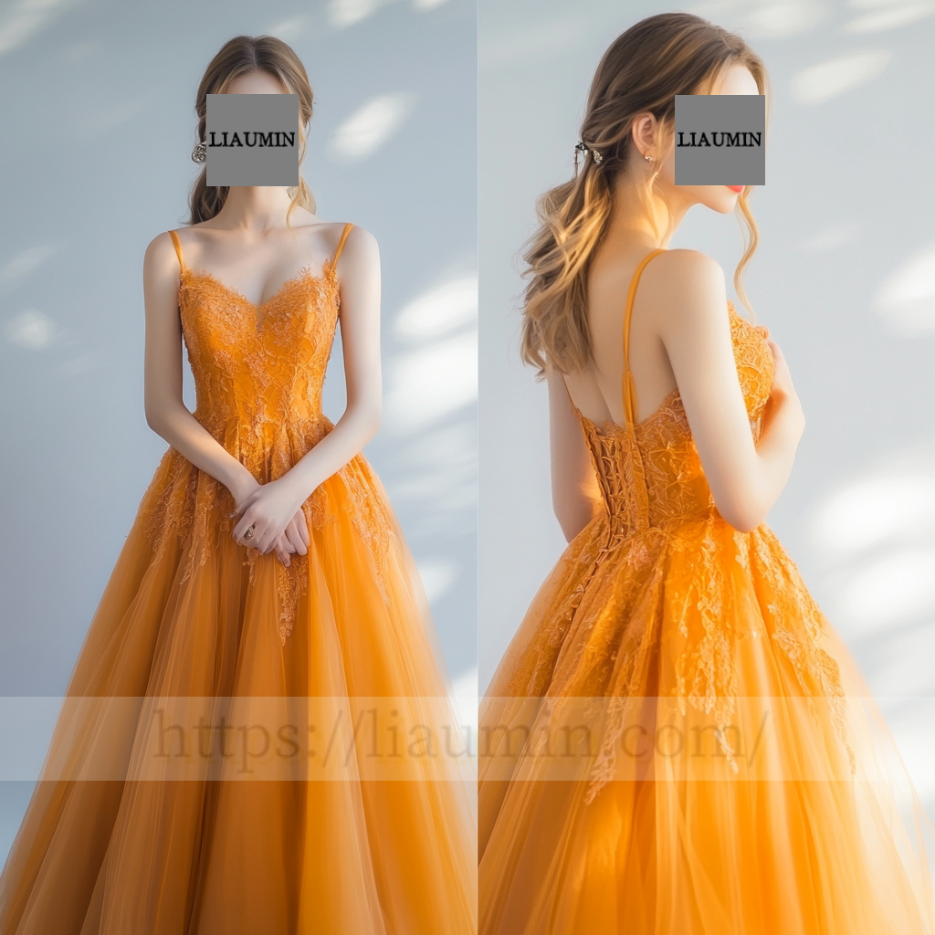 Custom Orange Tulle With Lace Applique Wedding Evening Prom Formal Princess Dress C-11.7