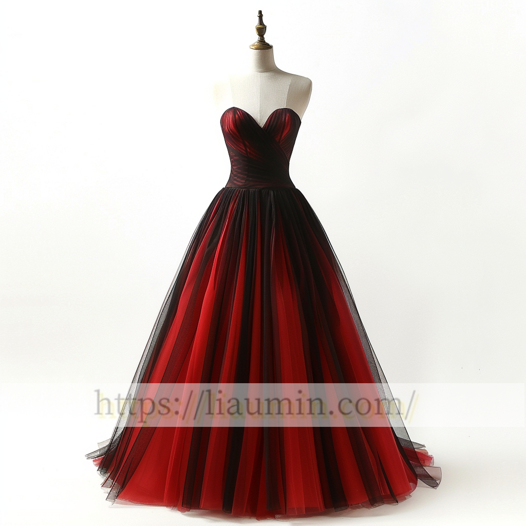 Red and Black Tulle Strapless Full Length Evening Prom Lace Up Back Formal Princess Dress  W15-11.7