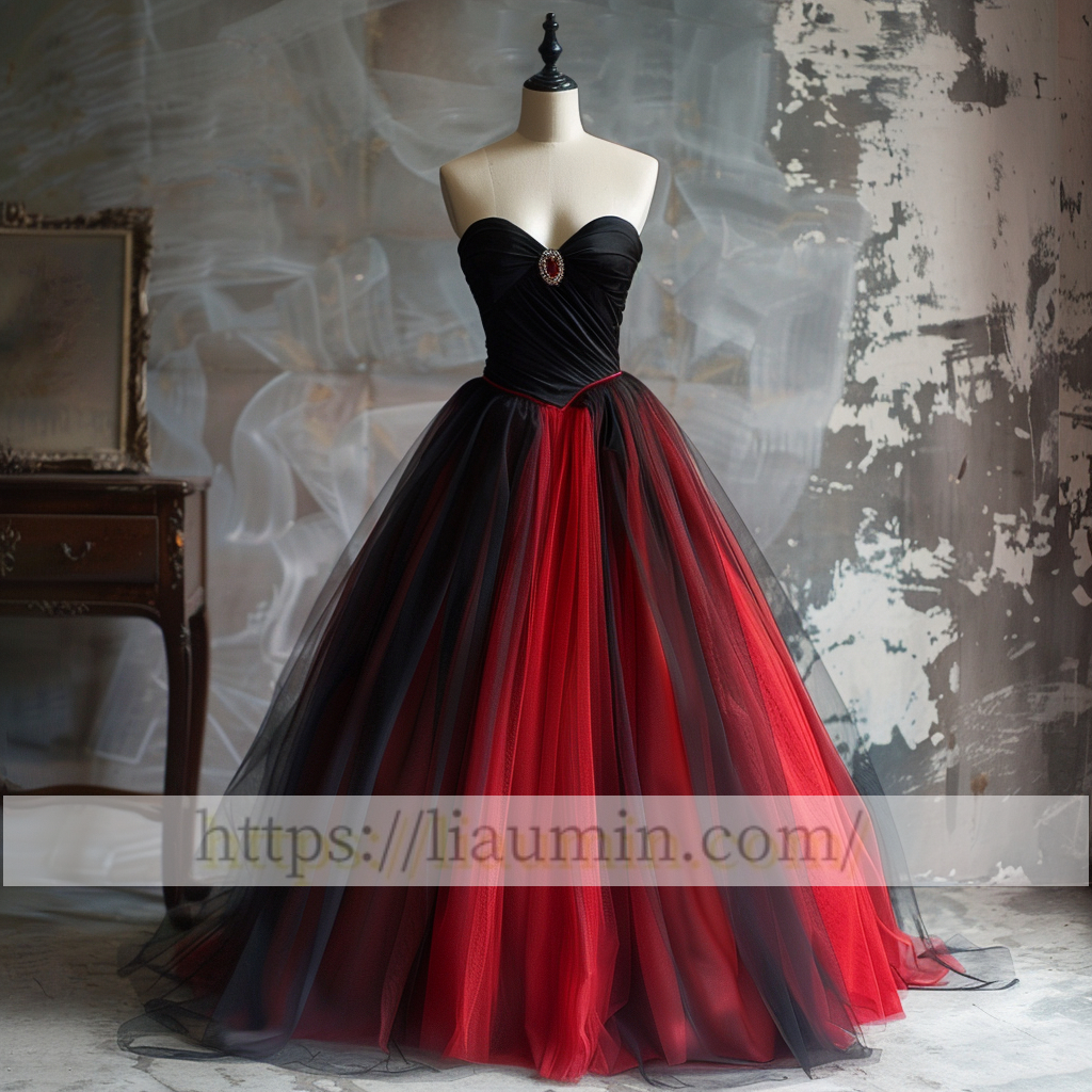 Red and Black Tulle Strapless Floor Length Evening Prom Lace Up Back Formal Princess Dress  W15-11.8