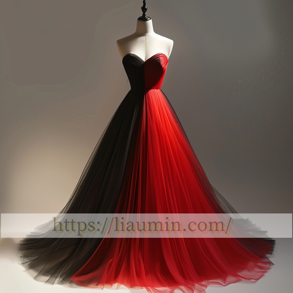 Red and Black Tulle Strapless Evening Prom Lace Up Back Formal Princess Dress  W15-11.9