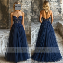 Load image into Gallery viewer, Custom Navy Blue Tulle With Lace Applique Wedding Evening Prom Formal Princess Dress C-11.9
