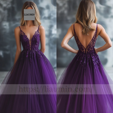 Load image into Gallery viewer, Custom Purple Tulle With Lace Applique Wedding Evening Prom Formal Princess Dress C-12.4
