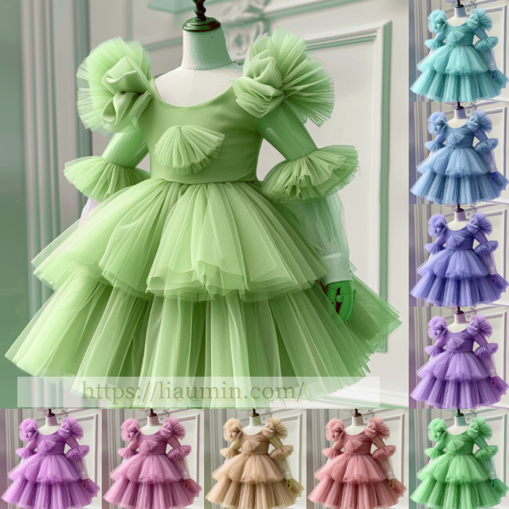 Tulle Long Sleeve Flower Girl Dress Brithday Party Formal Occasion Skirt W13-12