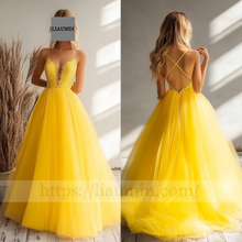 Load image into Gallery viewer, Custom Yellow Tulle With Lace Applique Wedding Evening Prom Formal Princess Dress C-12.5
