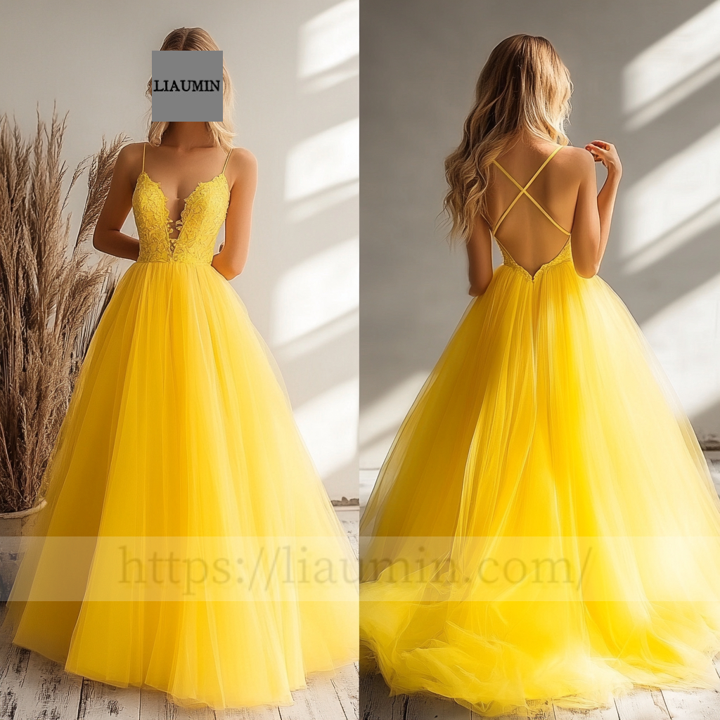 Custom Yellow Tulle With Lace Applique Wedding Evening Prom Formal Princess Dress C-12.5