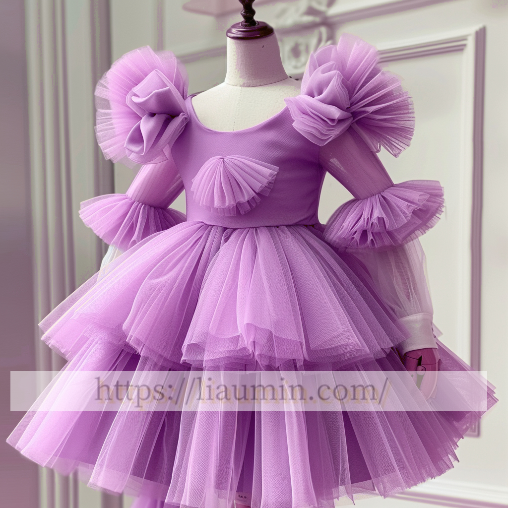 Tulle Long Sleeve Flower Girl Dress Brithday Party Formal Occasion Skirt W13-12