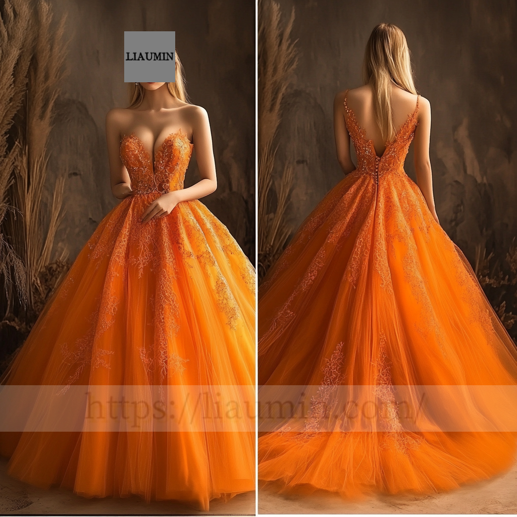 Custom Orange Tulle With Lace Applique Wedding Evening Prom Formal Princess Dress C-12.7