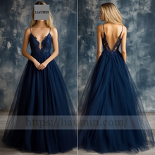 Load image into Gallery viewer, Custom Navy Blue Tulle With Lace Applique Wedding Evening Prom Formal Princess Dress C-12.9
