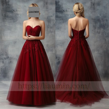 Load image into Gallery viewer, Custom wine Red Lace Applique Wedding Evening Prom Formal Princess Dress C-13.1
