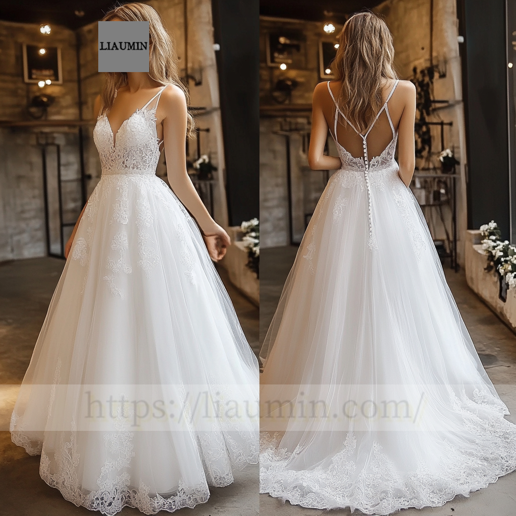 Custom White Lace Applique Strap Wedding Evening Prom Formal Princess Dress C-13.2