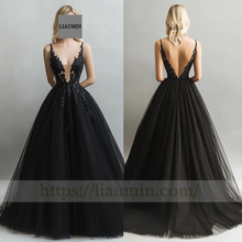 Load image into Gallery viewer, Black Tulle With Lace Applique Wedding Evening Prom Formal Princess Dress C-13.3
