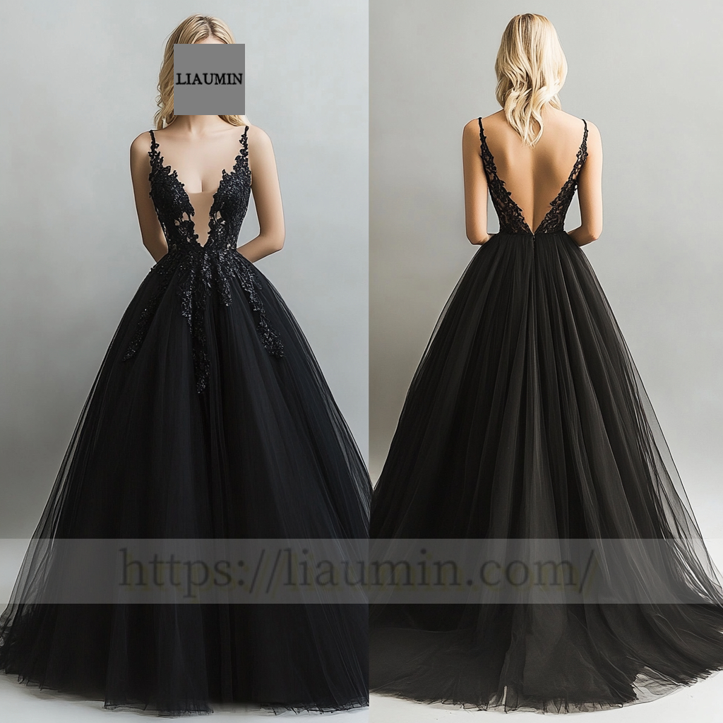 Black Tulle With Lace Applique Wedding Evening Prom Formal Princess Dress C-13.3