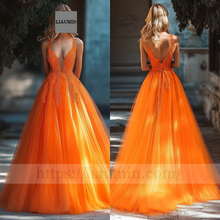 Load image into Gallery viewer, Orange Tulle With Lace Applique Wedding Evening Prom Formal Princess Dress C-13.7
