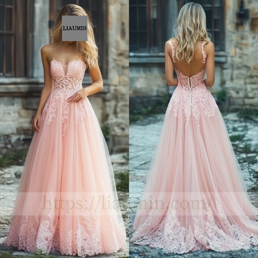 Pink Lace Applique Wedding Evening Prom Formal Princess Dress C-13.8