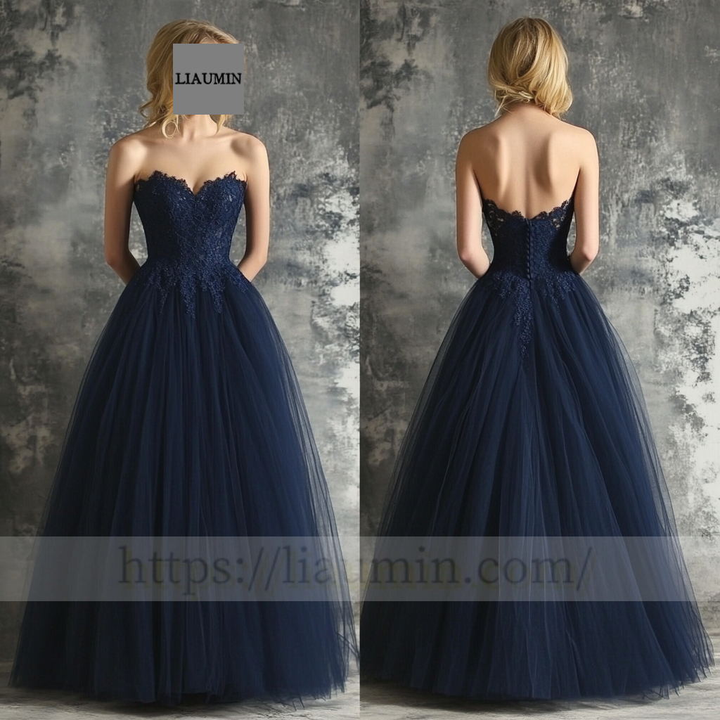 Navy Blue Tulle With Lace Applique Wedding Evening Prom Formal Princess Dress C-13.9