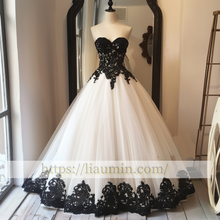 Load image into Gallery viewer, Black Lace Applique A Line Wedding Dress Prom Princess Dress W13-14.2
