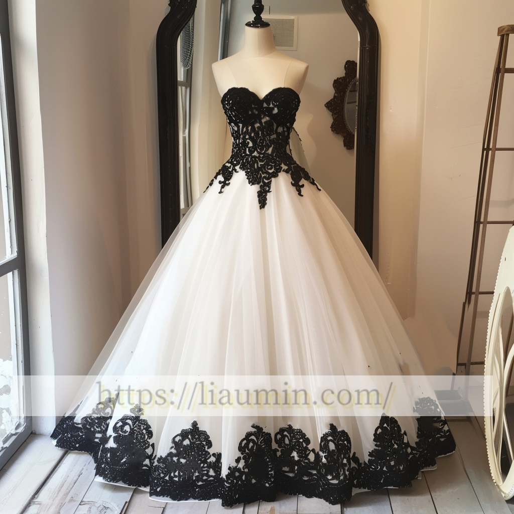 Black Lace Applique A Line Wedding Dress Prom Princess Dress W13-14.2