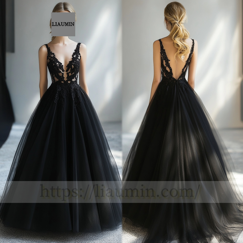 Black Tulle Lace Applique Wedding Evening Prom Formal Princess Dress C-14.3