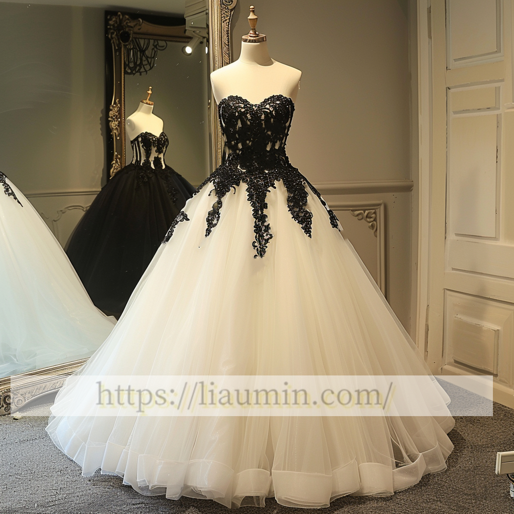 Black Lace Applique Ball Gown Wedding Dress Prom Princess Dress  W13-14.4