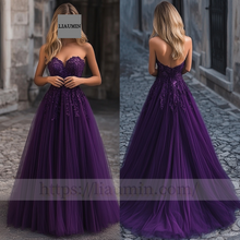 Load image into Gallery viewer, Purple Tulle With Lace Applique Wedding Evening Prom Formal Princess Dress C-14.4
